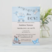 Blue Beige Beer Boy Baby shower Invitation Kaart (Staand voorkant)