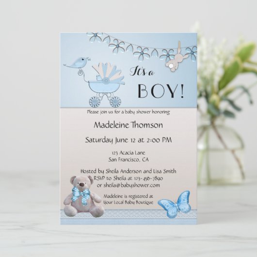 Blue Beige Beer Boy Baby shower Invitation Kaart (Staand voorkant)