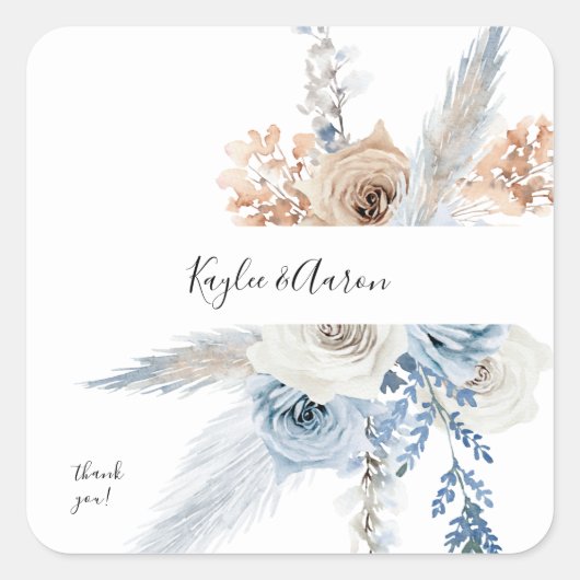 Blue & Beige Boho Floral Hartelijk dank Vierkante Sticker (Voorkant)