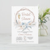 Blue Beige Boho Floral Pampas Grass Vrijgezellenfe Kaart (Staand voorkant)