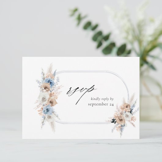 Blue & Beige Boho Floral w Meal RSVP Card 2 (Staand voorkant)