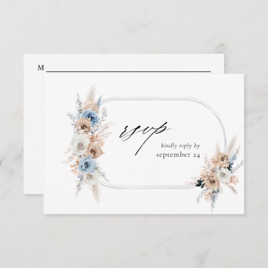 Blue & Beige Boho Floral w Meal RSVP Card 2 (Voorkant / Achterkant)