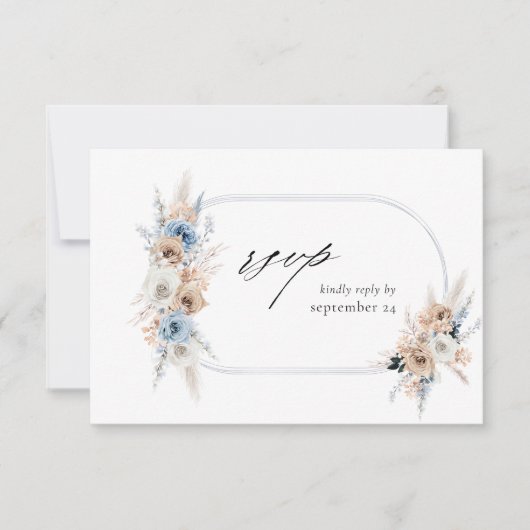 Blue & Beige Boho Floral w Meal RSVP Card 2 Kaartje (Voorkant)