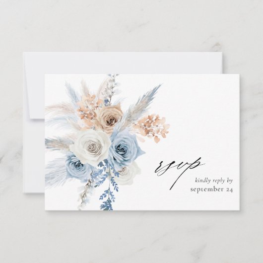 Blue & Beige Boho Floral w Meal RSVP Card Kaartje (Voorkant)