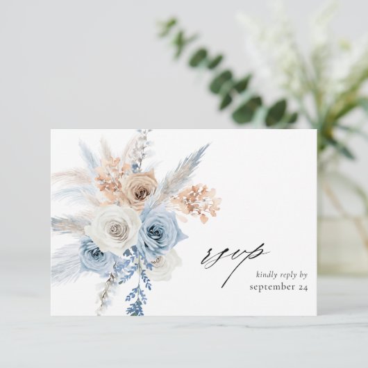Blue & Beige Boho Floral w Meal RSVP Card Kaartje (Staand voorkant)