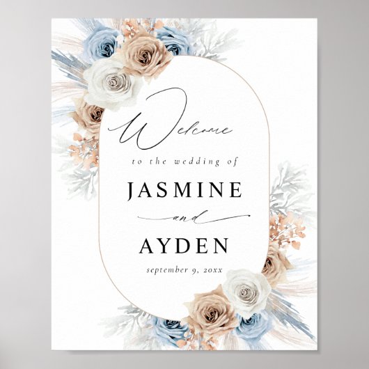 Blue & Beige Boho Floral Welcome Sign Poster (Voorkant)