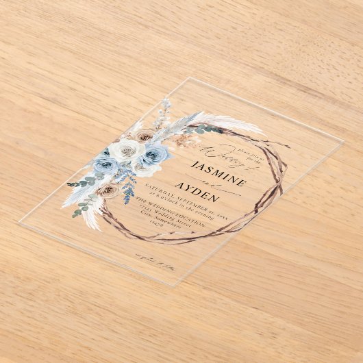 Blue & Beige Boho Floral Wreath Wedding Acryl Uitnodigingen (Laagn)
