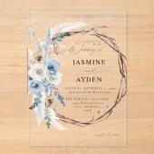 Blue & Beige Boho Floral Wreath Wedding Acryl Uitnodigingen (Voorkant)