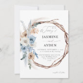 Blue & Beige Boho Floral Wreath Wedding Kaart (Voorkant)
