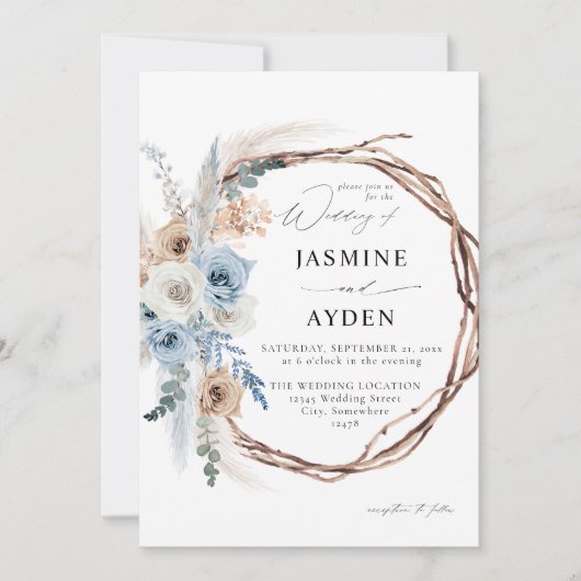 Blue & Beige Boho Floral Wreath Wedding Kaart (Voorkant)