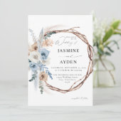 Blue & Beige Boho Floral Wreath Wedding Kaart (Staand voorkant)