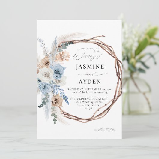 Blue & Beige Boho Floral Wreath Wedding Kaart (Staand voorkant)