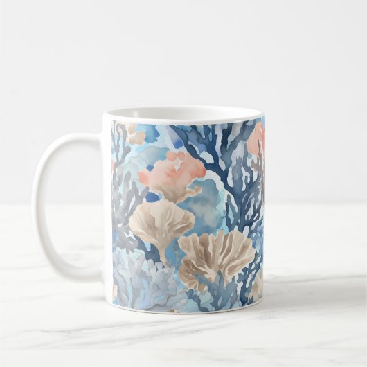 Blue Beige Coral Sealife Ocean Art Koffiemok (Links)