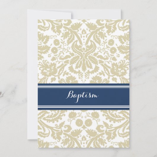 Blue Beige Damask Baptism Invitation Kaart (Voorkant)