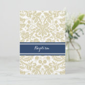 Blue Beige Damask Baptism Invitation Kaart (Staand voorkant)