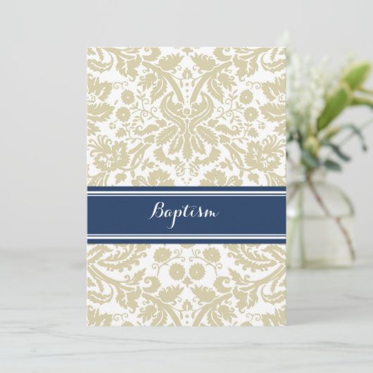 Blue Beige Damask Baptism Invitation Kaart (Staand voorkant)