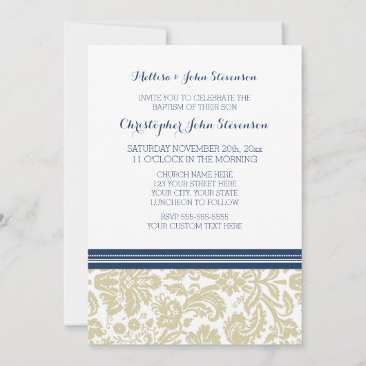 Blue Beige Damask Baptism Invitation Kaart (Achterkant)