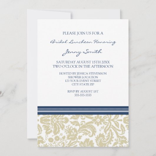 Blue Beige Damask Bridal Lunch Invitation Kaart (Achterkant)