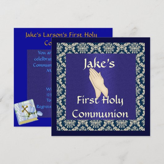 Blue & Beige DAMASK First Heilige Communauteit INV Kaart (Voorkant / Achterkant)