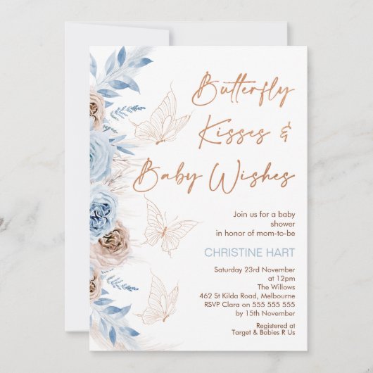 Blue beige Floral Butterfly Kisses Baby shower Kaart (Voorkant)