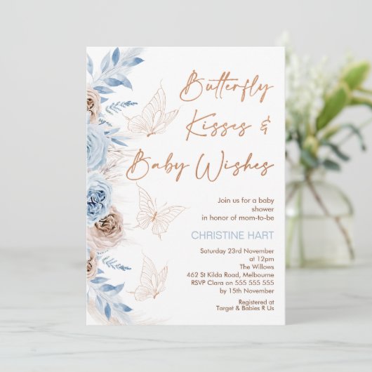 Blue beige Floral Butterfly Kisses Baby shower Kaart (Staand voorkant)