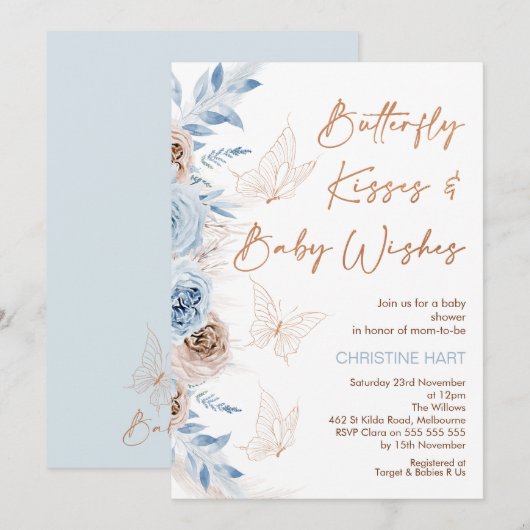 Blue beige Floral Butterfly Kisses Baby shower Kaart (Voorkant / Achterkant)