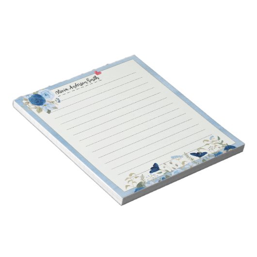 Blue Beige Floral Heart Custom Name Notepad Notitieblok (Schuin)