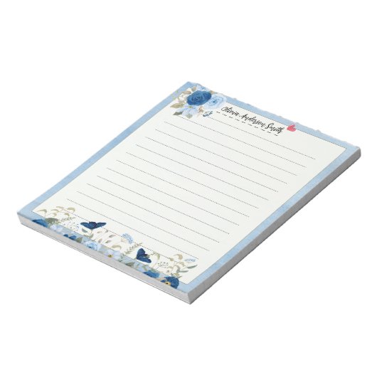 Blue Beige Floral Heart Custom Name Notepad Notitieblok (Linkerzijde)