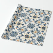 Blue & Beige Floral Tile Wrapping Paper, Antique  Cadeaupapier (Uitgerold)