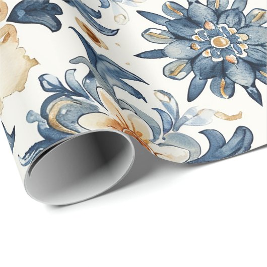 Blue & Beige Floral Tile Wrapping Paper, Antique  Cadeaupapier (Rol Hoek)