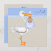 Blue Beige Gingham Stork Baby Boy Shower Kaart (Voorkant / Achterkant)