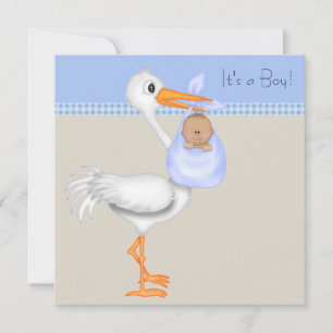 Blue Beige Gingham Stork Baby Boy Shower Kaart