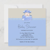 Blue Beige Gingham Stork Baby Boy Shower Kaart (Achterkant)