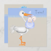 Blue Beige Gingham Stork Twin Baby Boy Shower Kaart (Voorkant / Achterkant)