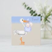 Blue Beige Gingham Stork Twin Baby Boy Shower Kaart (Staand voorkant)