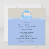Blue Beige Gingham Stork Twin Baby Boy Shower Kaart (Achterkant)