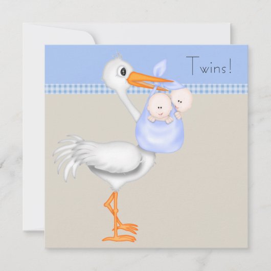 Blue Beige Gingham Stork Twin Baby Boy Shower Kaart (Voorkant)
