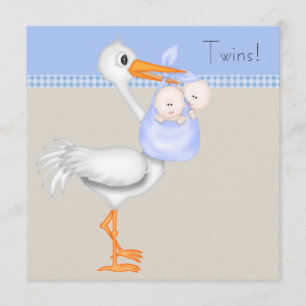 Blue Beige Gingham Stork Twin Baby Boy Shower Kaart