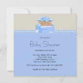 Blue Beige Gingham Stork Twin Boy Baby shower Kaart (Achterkant)