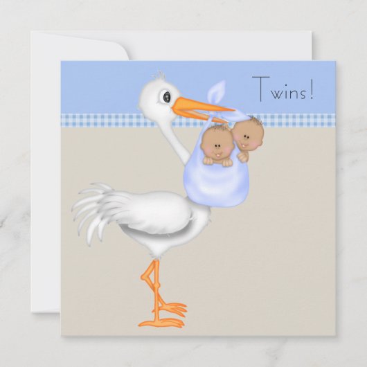 Blue Beige Gingham Stork Twin Boy Baby shower Kaart (Voorkant)