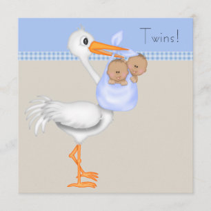 Blue Beige Gingham Stork Twin Boy Baby shower Kaart