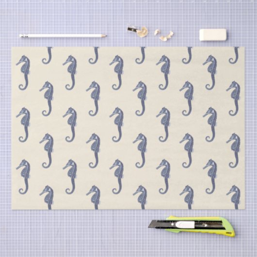 Blue Beige Marine Life zeepaardpatroon Tissuepapier (Craft)