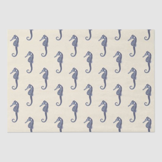 Blue Beige Marine Life zeepaardpatroon Tissuepapier (Voorkant)