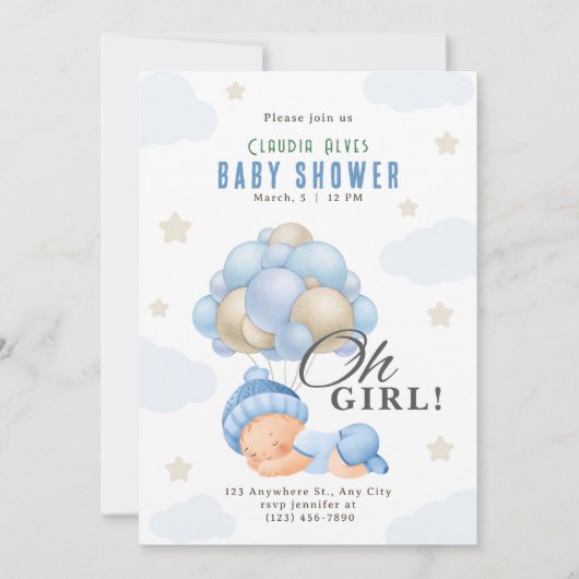 Blue Beige Modern meisje met ballonnen baby shower Kaart (Voorkant)