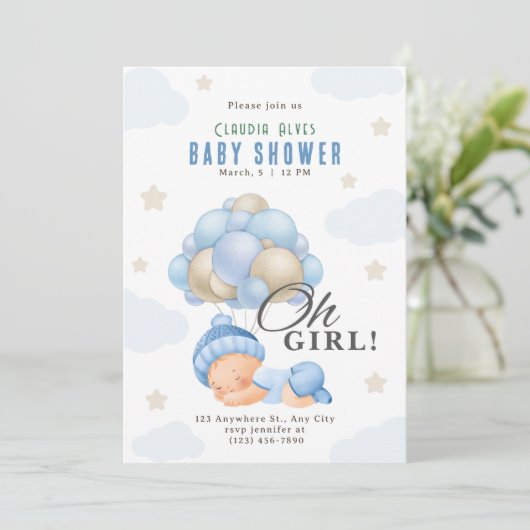 Blue Beige Modern meisje met ballonnen baby shower Kaart (Staand voorkant)