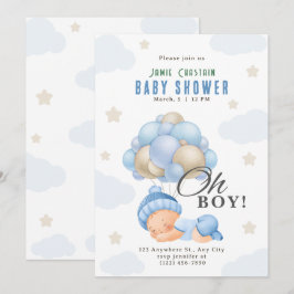 Blue Beige Moderne Jongen met Ballonnen baby showe Kaart