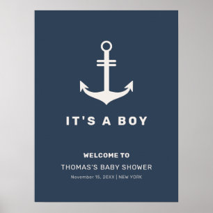 Blue Beige Nautical Anchor Baby shower Welkom Poster