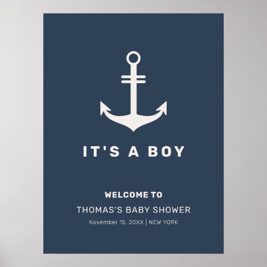 Blue Beige Nautical Anchor Baby shower Welkom Poster (Voorkant)