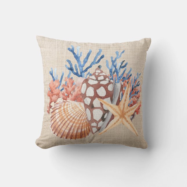 Blue Beige Seashells Starfish Coral Coastal Beach Kussen (Voorkant)
