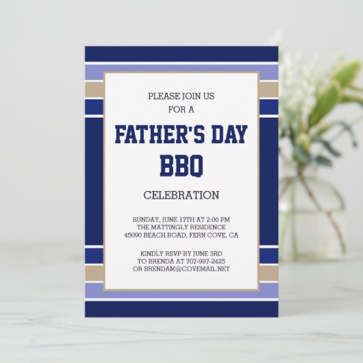 Blue Beige Stripes Fathers Day Uitnodiging (Staand voorkant)